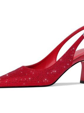 Women's Red Kitten Heels Slingback Low Heel Dress Shoes Rhinestone Pointed Toe